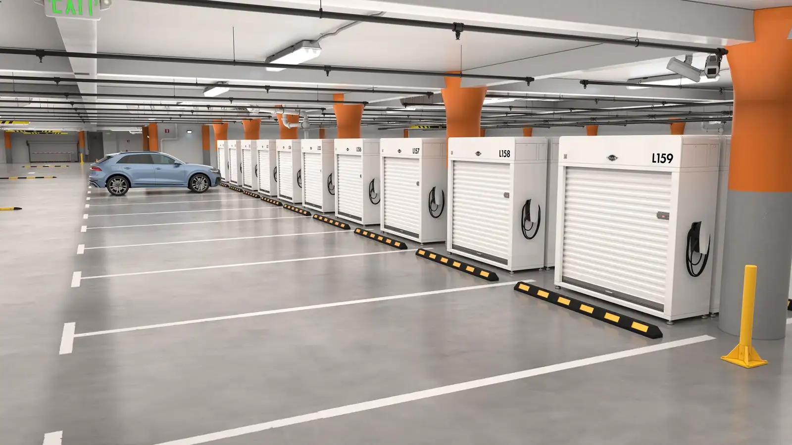 A row of D'LUX Storage Units along the parking bays of a residential garage